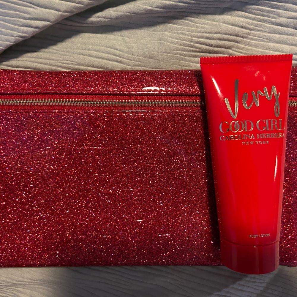 Carolina Herrera Red Glitter Cosmetic Bag and Lotion Set Very Good Girl